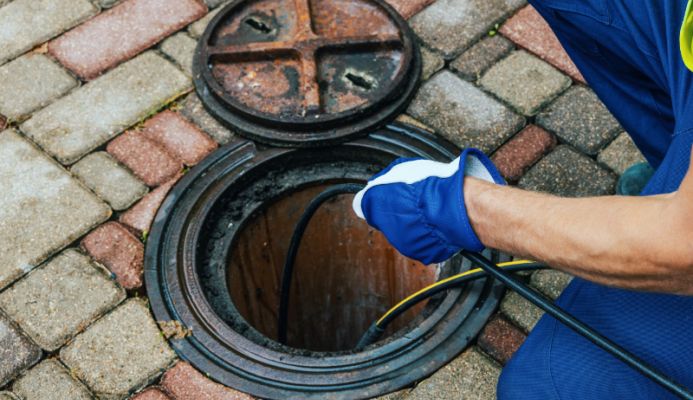 A drain cleaning being carried out